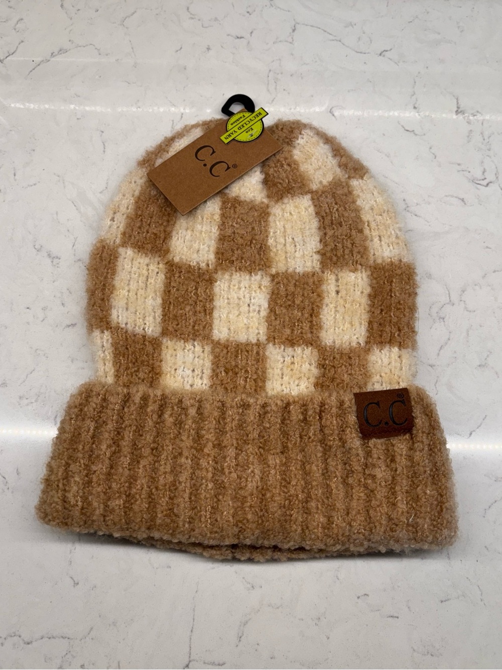C.C Checkered Pattern Boucle Cuff Beanie Hat-4011 Beige & Camel NWT Soft Winter